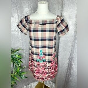 NEW English Factory Multi Plaid Over the Shoulder Mini Dress Embroidered Sz S